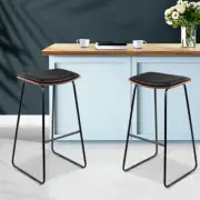 Set of 2 Bar Stool Backless Deluxe PU Leather Bar Stools - Black and Wood