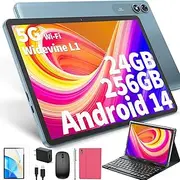 JJGJ Android 14 Tablet with Keyboard, 10 Inch with 24GB + 256GB, 1TB Expand, 8-Core, 8000mAh, 5G WiFi, Widevine L1, GMS, Face Detection, 2-in-1 Tablet with Keyboard, Mouse, Stylus (Pink)