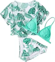 [Generic] Swimwear for Girls Toddler Baby Girl's 3 Piece Swimsuits Green Floral Prints Bikini Bathing Suit Briefs Girls Bikini Beach Swimwear Set Features: Conservative Swimsuits Girls