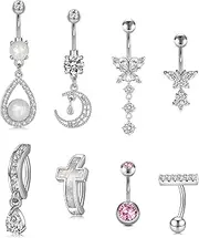QWALIT Belly Button Ring Surgical Steel Belly Rings Silver Rose Gold Belly Button Rings for Women Belly Button Piercing Dangle Belly Button Rings Dangling 14g Navel Rings Butterfly