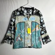 NWT Citron Santa Monica XS Black Blue Silk Tunic Asian Kimono Blouse Button Up