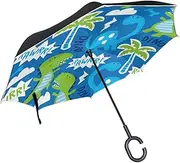 Double Layer Inverted Umbrella Cars Reverse Umbrella Cute Dinosaur Doodle Windproof UV Proof Travel Outdoor Umbrella