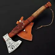 Handmade Forged Carbon Steel Viking Axe Bearded Axe with Rose Wood Shaft Tomahawk - Real Hatchet, Anniversary, Xmas Party, Valentine's Day, Birthday Party, Premium Leather Sheath (AX-29-ROS)