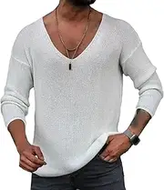 [Gsywaipei] Men's V Neck Knitted Pullover Regular Fit Long Sleeve Male Knit Sweater Solid Color Knits Pullovers Sweaters