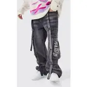 Mens Purple Baggy Rigid Strap Detail Distressed Cargo Jeans