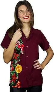 [KAMEHAMEHA] King Kameha Funky Hawaiian Blouse Women Short Sleeve Front-Pocket Christmas Hats Santa Multiple Colors