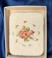 Antique Compact in Box, France Micro Beaded Never Used, Gold Plated, Excellent!