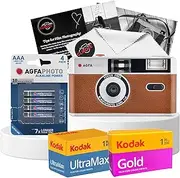 35mm Film Camera Bundle with AgfaPhoto 35mm Reusable Film Camera, Camera Film Kodak Ultramax 400 36exp, Kodak Gold 200 36exp, Battery and Clikoze Lens Cloth with Camera Photography Tips Card (Brown)