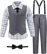 [LOPEN STU] Boys' Suit Kids Formal Tuxedo Suits for Boys Wedding Outfits Dress Vest Pants Suspenders Set Adjustable Waist