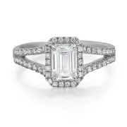 Emerald & Round Cut Lab Grown Diamond Engagement Ring 14K White Gold 1.35Cttw