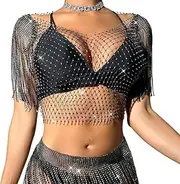[Generic] Summer Rhinestone Mesh Top Shirt Bikini Crystal Bra Body Chain Rave Fringe Crop Top Body Jewelry for Women