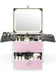 Makeup Box with Drawer and A Detachable Lighted Mirror, Waterproof Travel Tra...