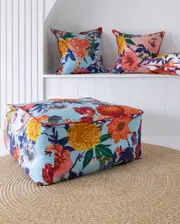 Frida Ottoman Cover Beanbag, Jungle Plants Mexican Painter Art Garden Country Mexico Muertes Ottoman -Turquoise Anthro