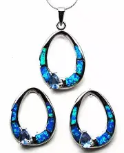 Tanzanite Blue Fire Opal Inlay 925 Sterling Silver 18" Necklace Earrings Set NEW