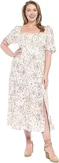 [London Times] Women's Square Neck Smocked Back Linen Blend Flattering Versatile Spring Summer Garden Party Dress, Ivory/Birchwood, 18 Plus