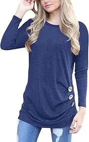 [Q&Y] Women's Casual Long Sleeve Loose Tunic Buttons Decor Tops Blouse T-Shirt Sweater