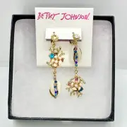 Betsey Johnson Puka Shell Gold Tone Crystal Rhinestone Dangle Coral Earrings NWT
