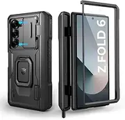 [Dexnor] for Samsung Galaxy Z Fold 6（2024） Case with Ring Stand & S Pen Holder & Slide Camera Cover & Hinge Protection & Screen Protector, Heavy Duty Shockproof Bumper Rugged Case Cover - Black