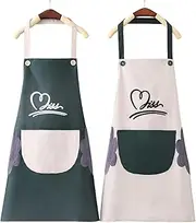 2 Pack Waterproof Kitchen Aprons Chef Apron Set Couples Cooking Home Use Oilproof Reusable with Pockets and Towels Vintage Design Cotton Cooking Aprons for Men Women Multi Purpose Grill Cleaning