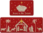 Christmas Kitchen Mat Set of 2 Navitity Religious Kitchen Rugs, Red and White Xm