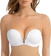 [YANDW] Women's Deep V Plunge Padded Push Up Bra Backless with Transparent Straps Low Back Underwire Bra