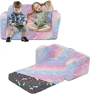 MISHAO Kids Couch Toddler Chair Folding Kids Sofa Extra Wide for 2 Seats, Baby Convertible Sofa to Lounger Pull Out Couch Foldable Toddler Bedw/Removable Cover & Pockets (Unicorn Luminous)