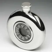 Mullingar Pewter Irish Round Whiskey Flask Glass Center - Shamrocks, 5oz