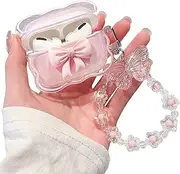 MINSCOSE Compatible with AirPods Pro Clear Case,3D Bow Pattern Design with Cute Butterfly Flower Keychain, Soft TPU Protective Shockproof Case for Airpod Pro for Girls Women-Pink