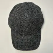 Orvis Adjustable Gray Herringbone Tweed Wool Baseball Cap Hat Leather Strap OS