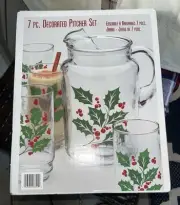 Indiana Glass Christmas Holly Pitcher and Glasses Tumblers New With Original Box