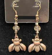 Antique Copper Tone Bee with Crystal Bead Earrings by Neanie-Bot