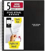 Five Star Spiral Notebook, 5 Subject, Wide Ruled Paper, Fights Ink Bleed, Water Resistant Cover, 8" x 10-1/2", 200 Sheets, Black (72045)