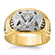 14k Two-tone Gold Men's Polished and Textured with Black and White Enameled and Diamond 32nd Degree Scottish Rite Masonic Ring