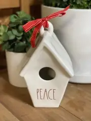 RAE DUNN PEACE SLANT BIRDHOUSE MISTLETOE ON BACK RED LETTERS
