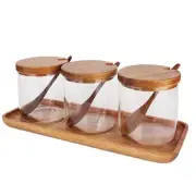 Wooden Box 3 Pcs Clear Glass Condiment Canisters Pots Set With Spoon Lid Base