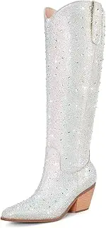 [RONILURN] Women Rhinestone Cowgirl Boots Cowboy Knee High Boots Sparkly Glitter Western Boots Bling Pointed Toe Chunky Heel Side Zippers Pull On