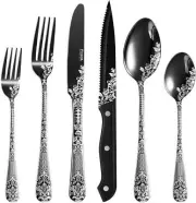 24-Piece Black Floral Damask Rose Silverware Set, Service for 4, Stainless Steel