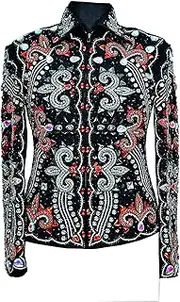 [Generic] Noor Fashion hub Showmanship Horsemanship Western Queen Rail jacket - Red Silver on Black Base_