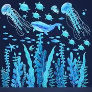Under the Sea Wall Decals Glow in the Dark Ocean Wall Decals Colorful Sea Turtle Seaweed Jellyfish Wall Stickers Removable Ocean World Themed Wall Decor for Toddler Boys Girls Bedroom Bathroom Living Room