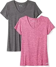 [Amazon Essentials] Women's Tech Stretch Short-Sleeve V-Neck T-Shirt (Available in Plus Size), Pack of 2, Charcoal Heather Space Dye/Raspberry Red Space Dye, XX-Large