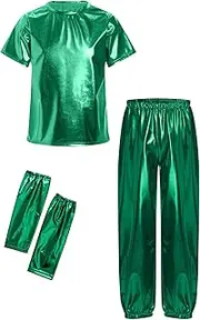 [Aislor] Kids Boys Girls Metallic Outfits Jazz Hip Hop Street Dance Set Shiny Coat with Cargo Pants Set Jogger Skateboarding Birthday Party