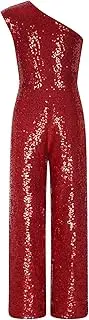 [TiaoBug] Girls Shiny Sequined Birthday Party Wide-Leg Long Pants Jumpsuit Sleeveless One Shoulder Dance Prom Romper