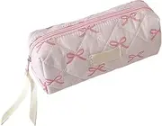Makeup Bag Bow Pattern Zipper Closure 7.7x3.5x2.8" Polyester Cosmetic Bag for Women Portable Cute Toiletry Case for Travel, Stationery Storage Toiletry