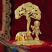 TIED RIBBONS Lord Krishna with Cow and Calf Idol | Brass, Golden | 6.6 Inch | Krishna Statue Small Hindu God Idols for Home Decor, Office Desk, Pooja, Temple, Indian Gifts, Janmashtami Decoration