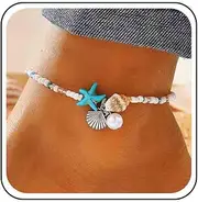 [Cybche] Boho Starfish Beads Anklet Bracelet Vintage Shell Pearl Dangle Anklet Summer Beach Beads Anklet Bracelet Blue Starfish Anklet Jewellery For Women