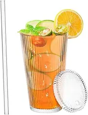 VALICLUD Vertical Stripe Glass Sippy Cup with Lid Straw Iced Drink Cup for Adults and Boys and Girls