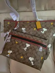 Coach Peanuts Snoopy Woodstock City Tote Bag & Carryall Pouch Bundle Combo