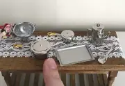 Set of 6 Mini Dollhouse 1:12 Scale Silver Pots and Pans, Colander, Baking Sheet