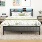 Queen Bed Frame with LED Lights Storage Headboard and USB Charging Station,