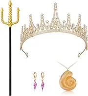 [Knitgrip] 5 Pcs Halloween Octopus Costumes Accessories Set for Women Crystal Golden Shell Necklace Crown and Purple Seashell Earrings Sea Witch Tiaras and Trident Seashell Jewelry for Cosplay, copper